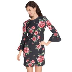 Guess Roses Boulevard Floral Feminine Elegant Bell Sleeves Black Lucy Dress